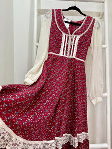 1970s Gunne Sax Red Calico Midi Dress