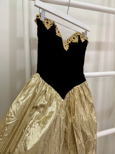 1980s Gunne Sax Black Velvet & Gold Lamé Party Dress