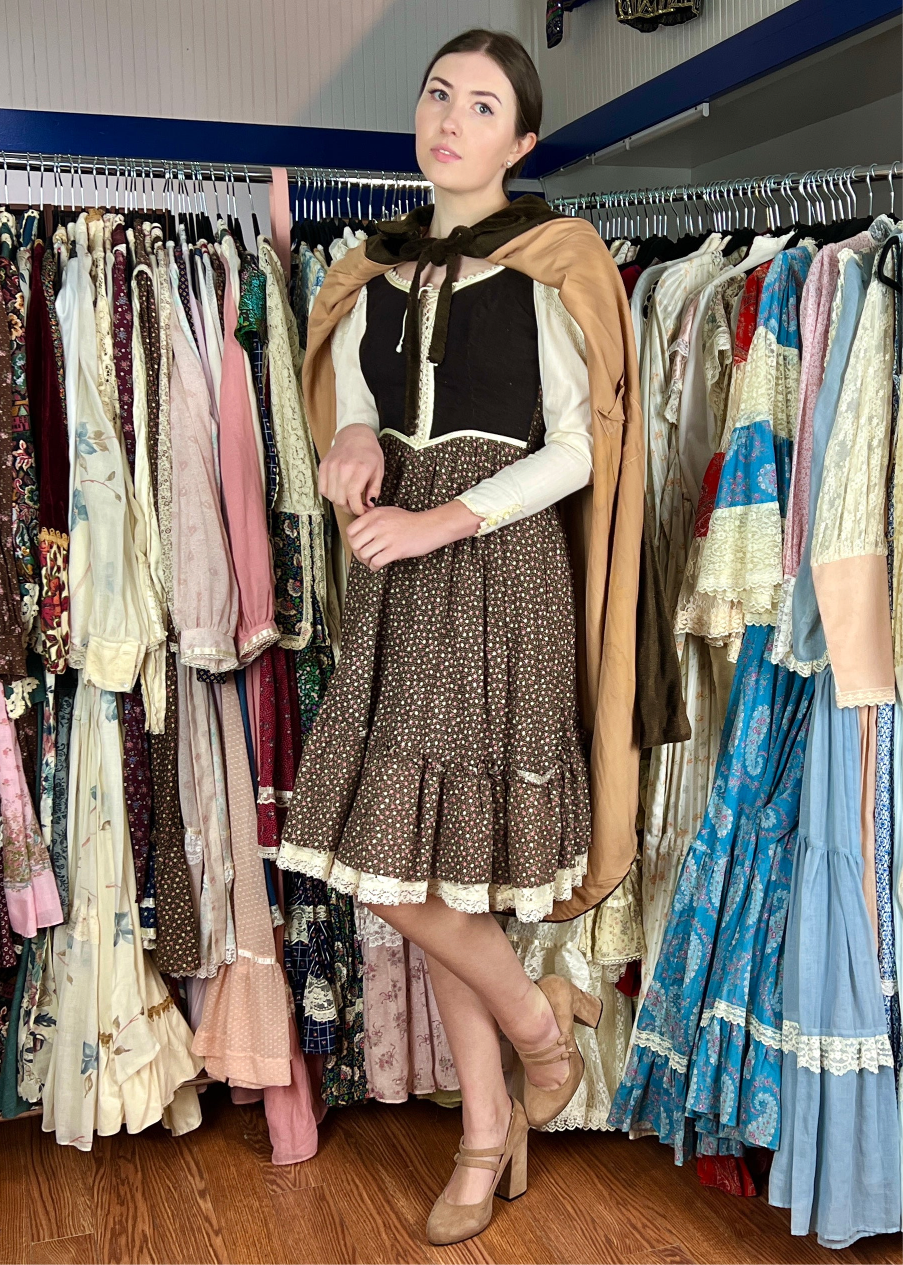 1970s Gunne Sax Brown Corduroy & Calico "Outlander" Midi Dress
