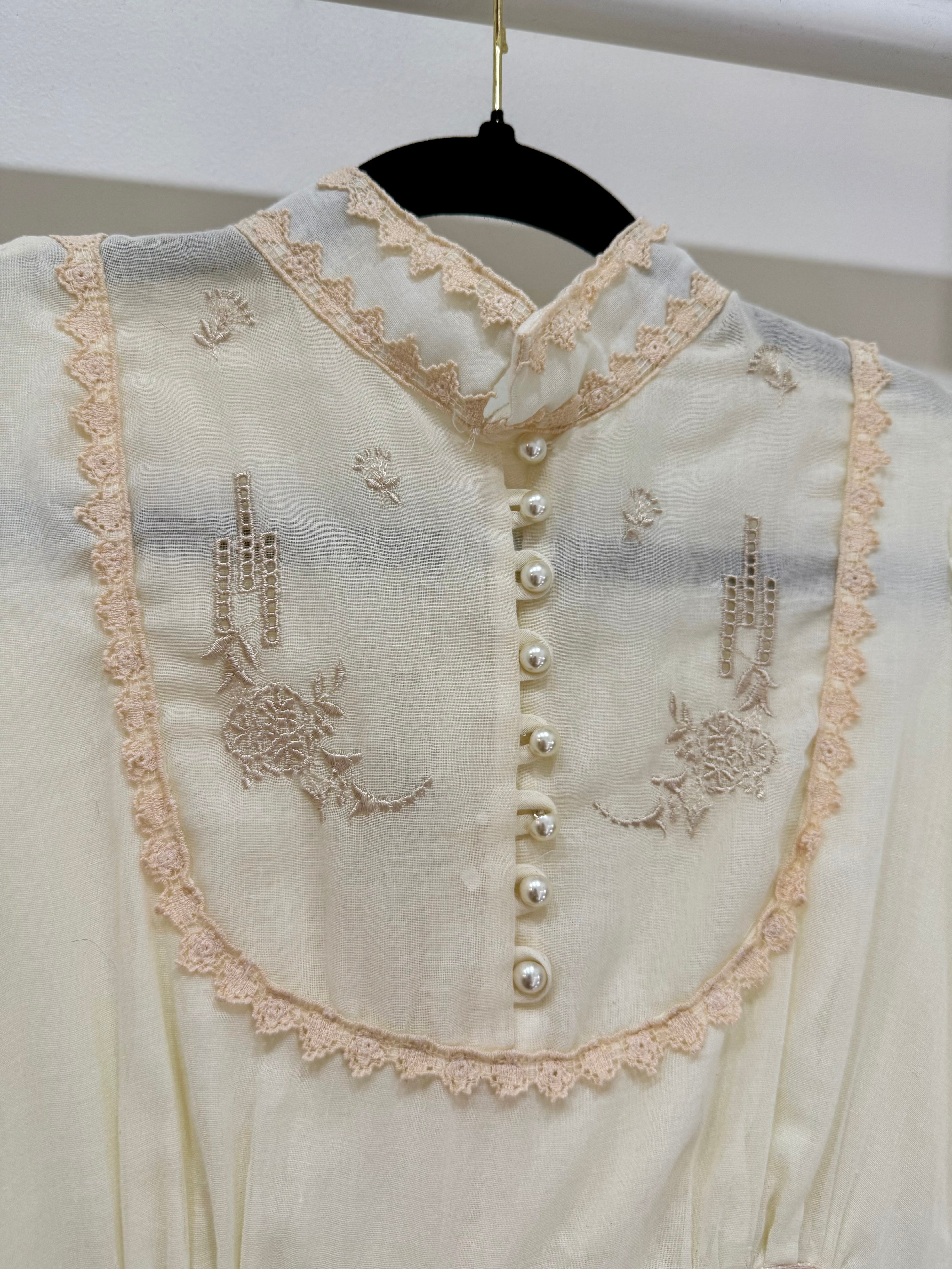 1970s Gunne Sax Cream Embroidered Balloon Sleeve Midi Dress
