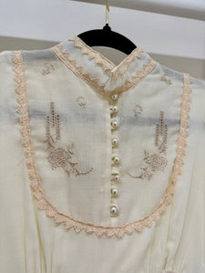 1970s Gunne Sax Cream Embroidered Balloon Sleeve Midi Dress