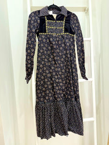 1970s Gunne Sax Black Calico Midi Dress