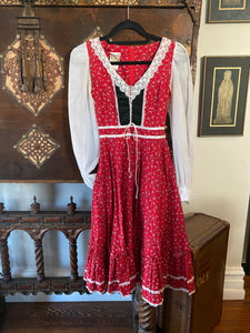 1970s Gunne Sax Red Calico & Black Velvet Midi Dress