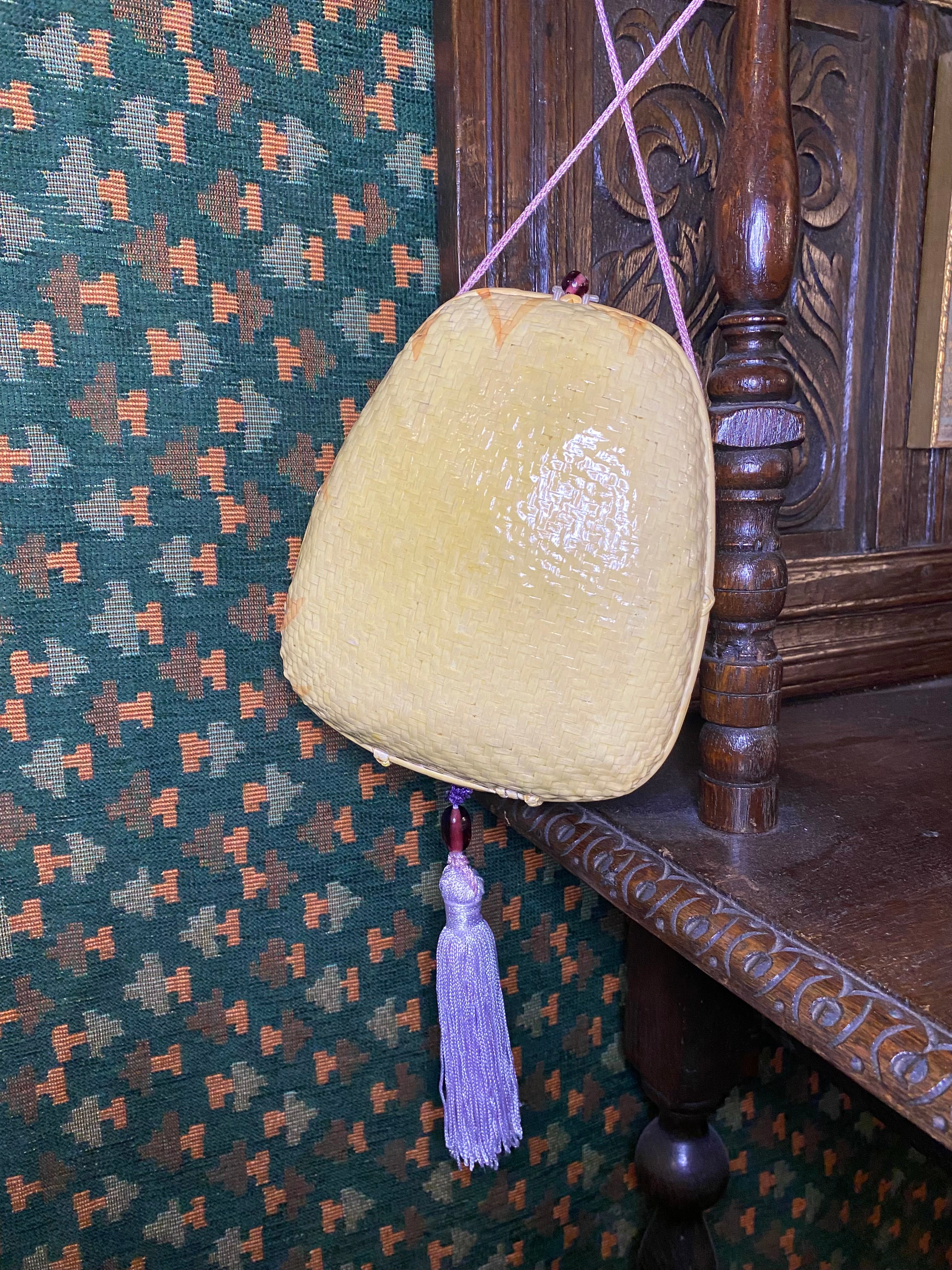 1980s Rafael Sanchez Yellow Woven Painted Tassel Purse