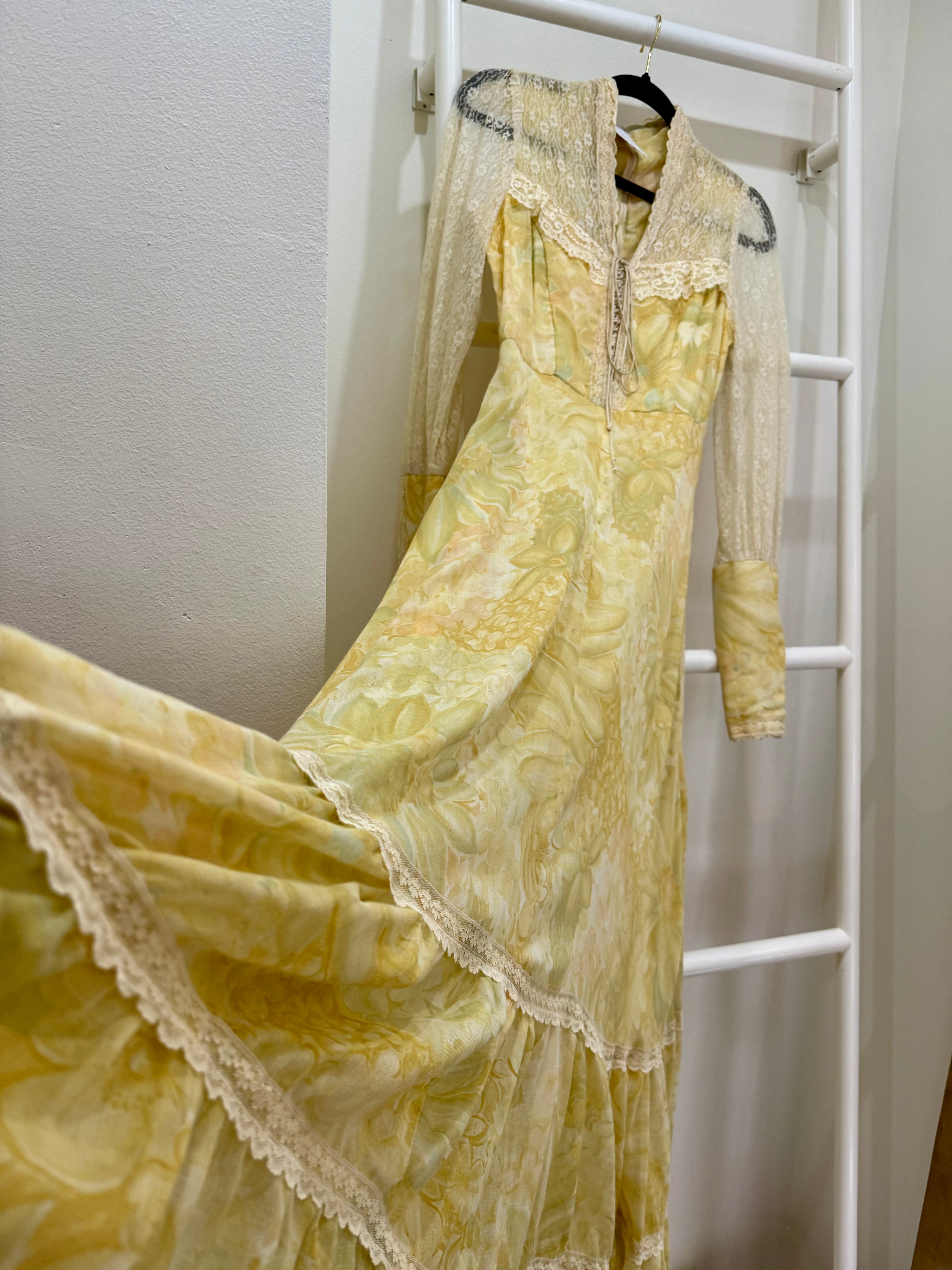1970s Gunne Sax Yellow Floral Lace Sleeve "Love Witch" Maxi Dress