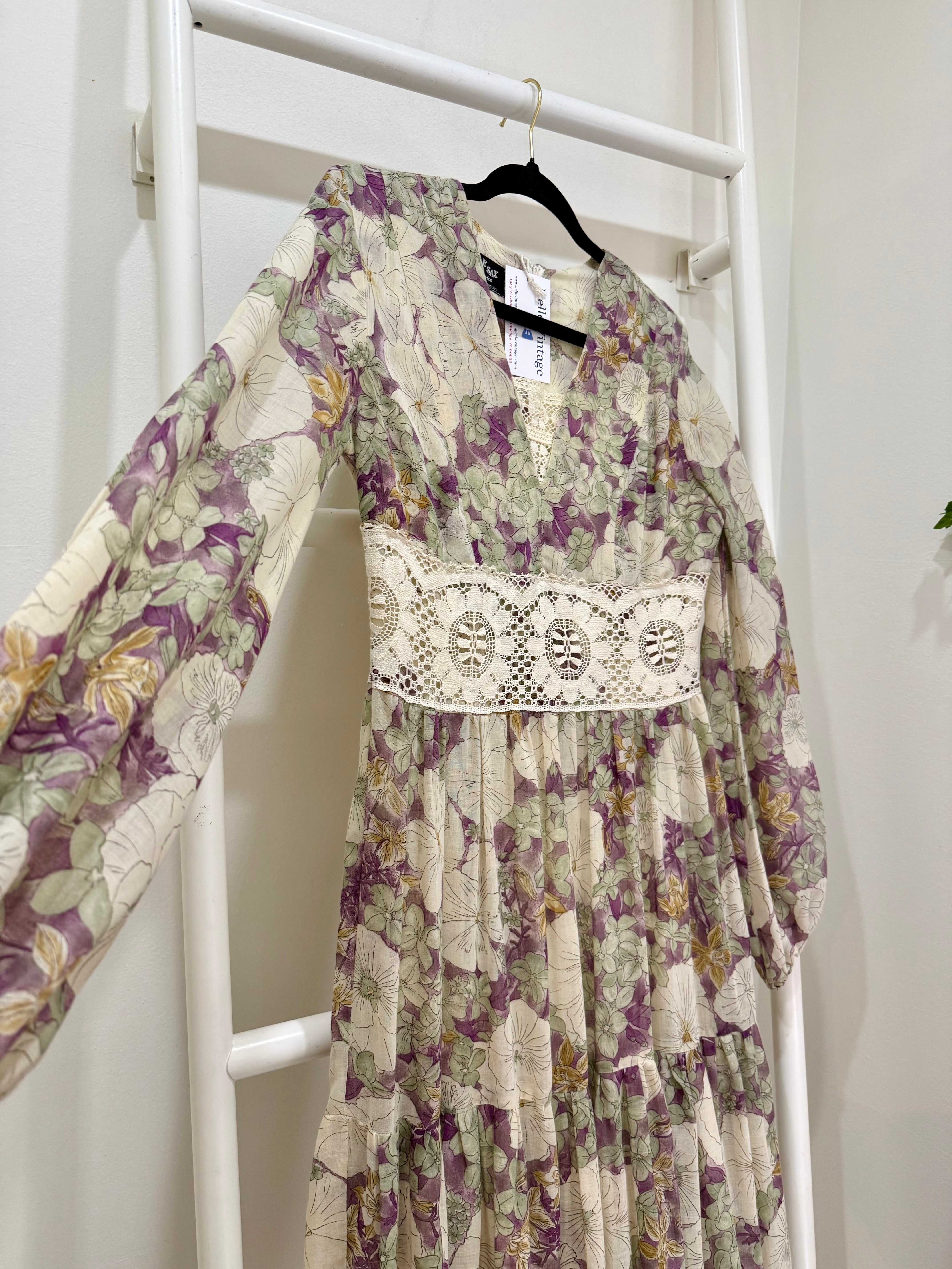 1960s Gunne Sax Black Label Purple & Green Floral Dress