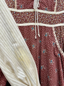 1970s Gunne Sax Burgundy Calico Midi Dress