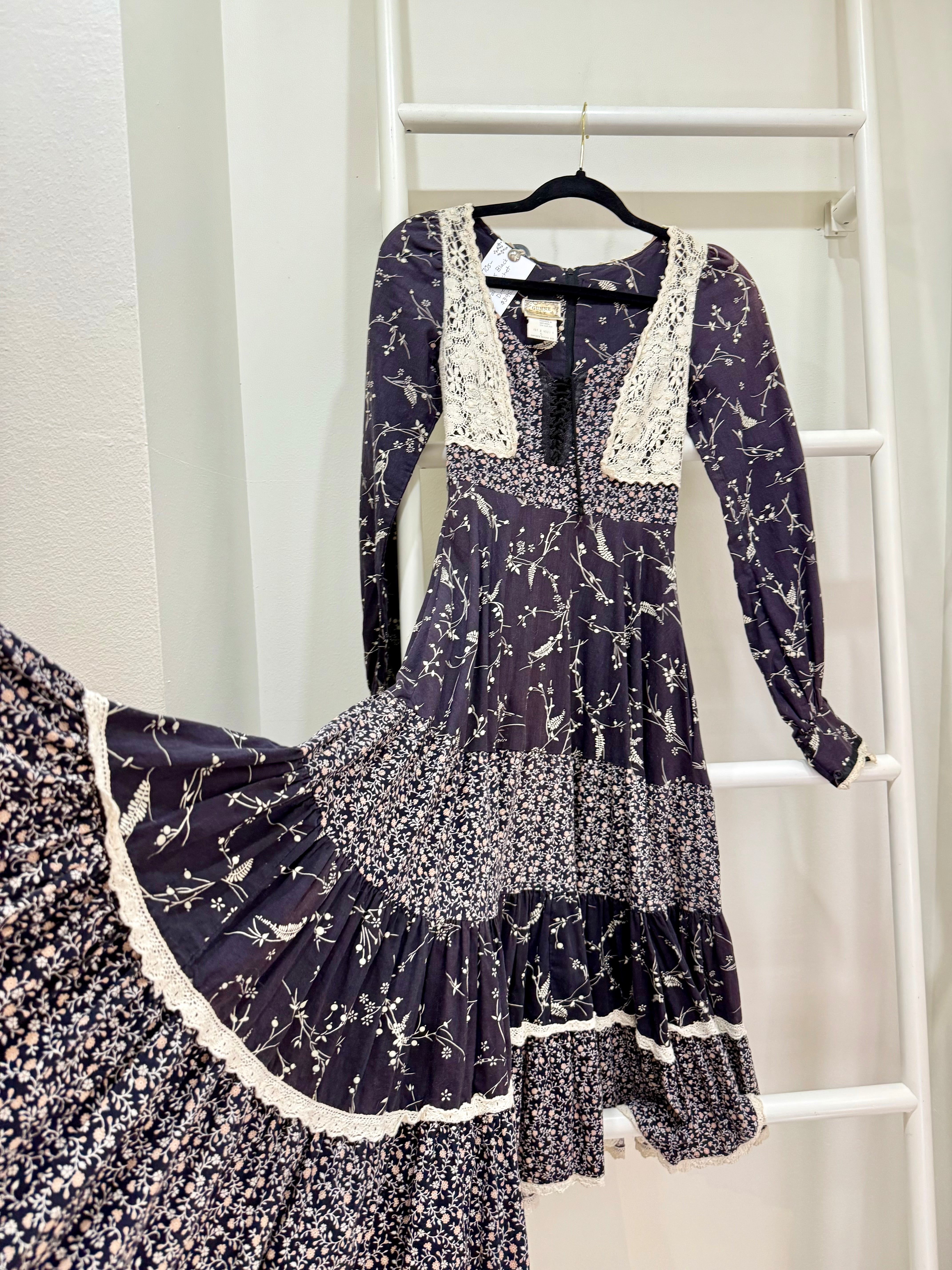 1970s Gunne Sax Black Mixed Floral & Crochet Midi Dress