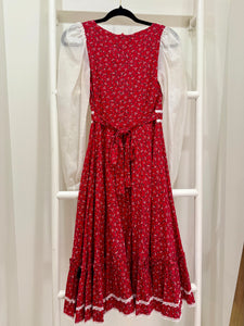 1970s Gunne Sax Red Calico Black Velvet Corset Midi Dress
