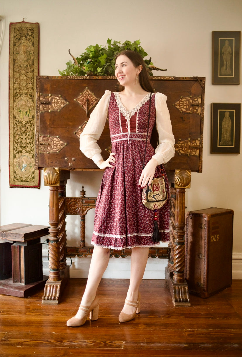 1970s Gunne Sax Maroon Calico & Corduroy Midi Dress