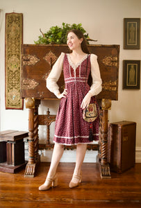 1970s Gunne Sax Maroon Calico & Corduroy Midi Dress