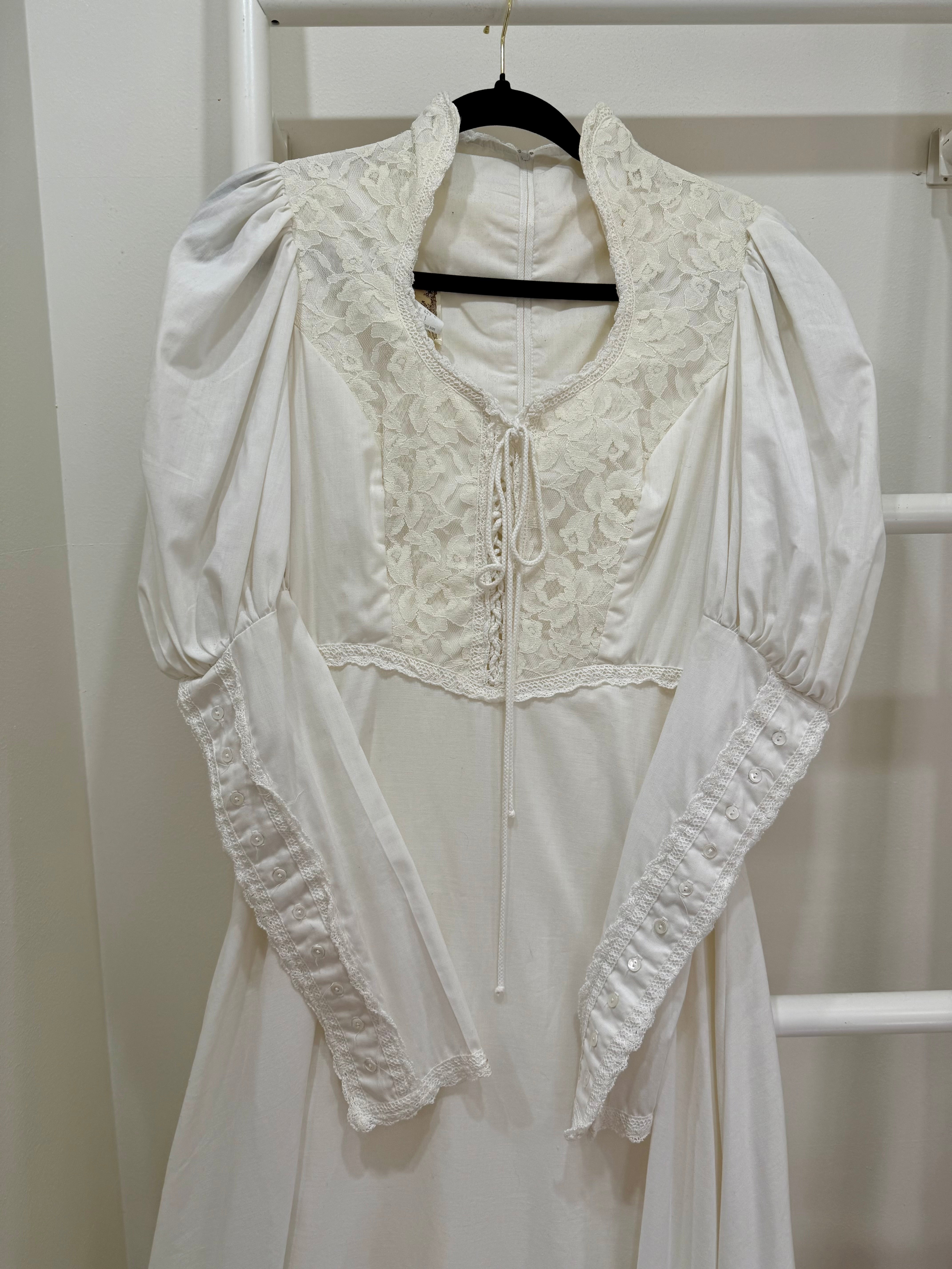 1970s Gunne Sax White Mutton Sleeve Maxi Dress