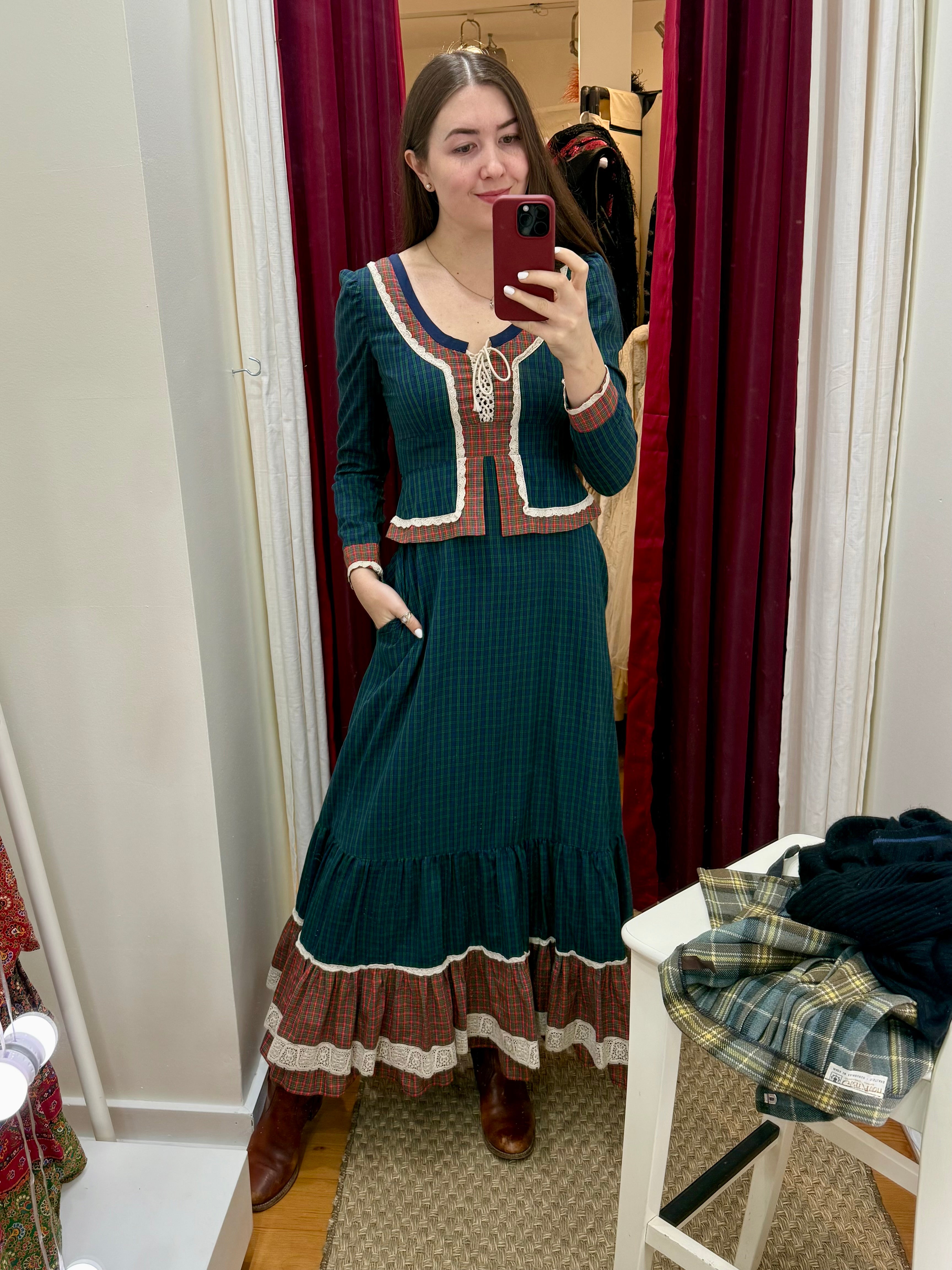 1970s Blue & Red Plaid Peplum Prairie Style Maxi Dress