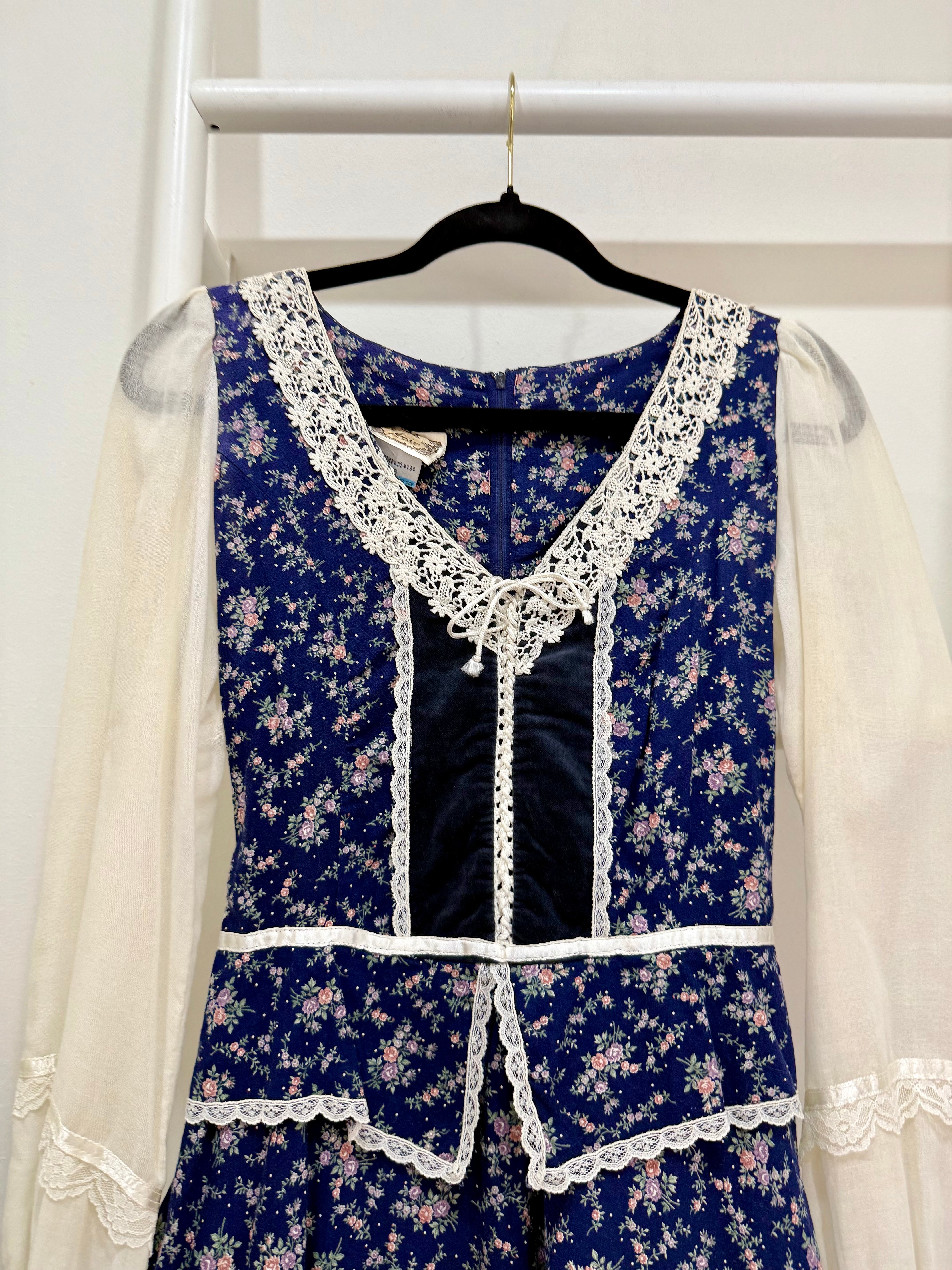 1970s Gunne Sax Blue Calico Peplum Midi Dress