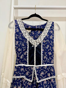 1970s Gunne Sax Blue Calico Peplum Midi Dress