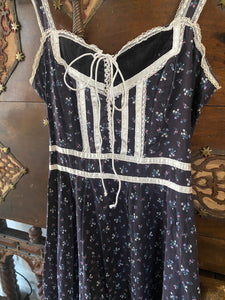 1970s Gunne Sax Black Calico Maxi Sun Dress