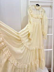 1970s Gunne Sax Cream Ruffle Maxi Dress
