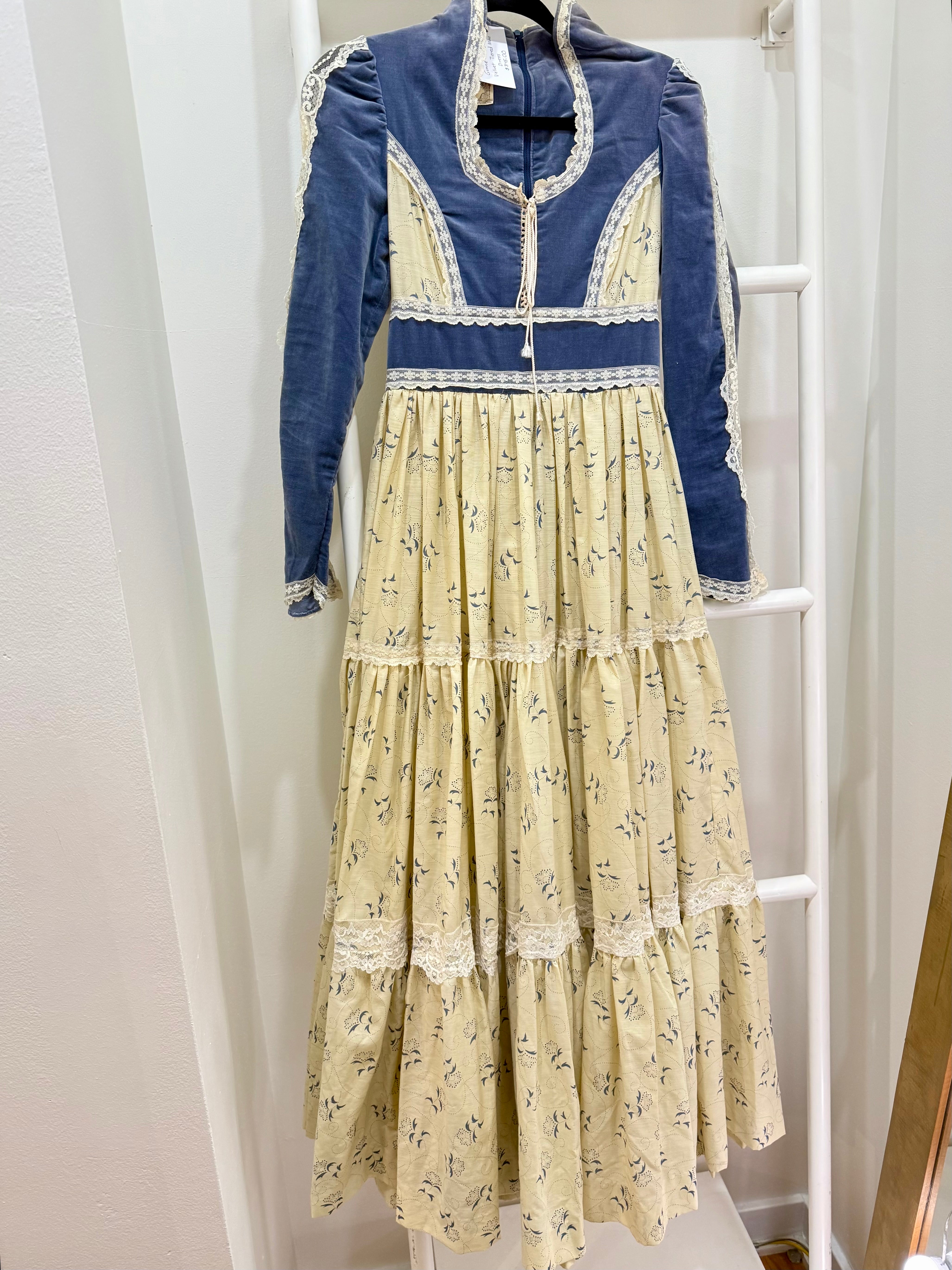1970s Gunne Sax Blue Velvet & Floral Maxi Dress