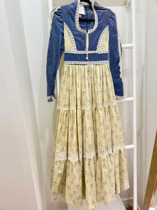 1970s Gunne Sax Blue Velvet & Floral Maxi Dress