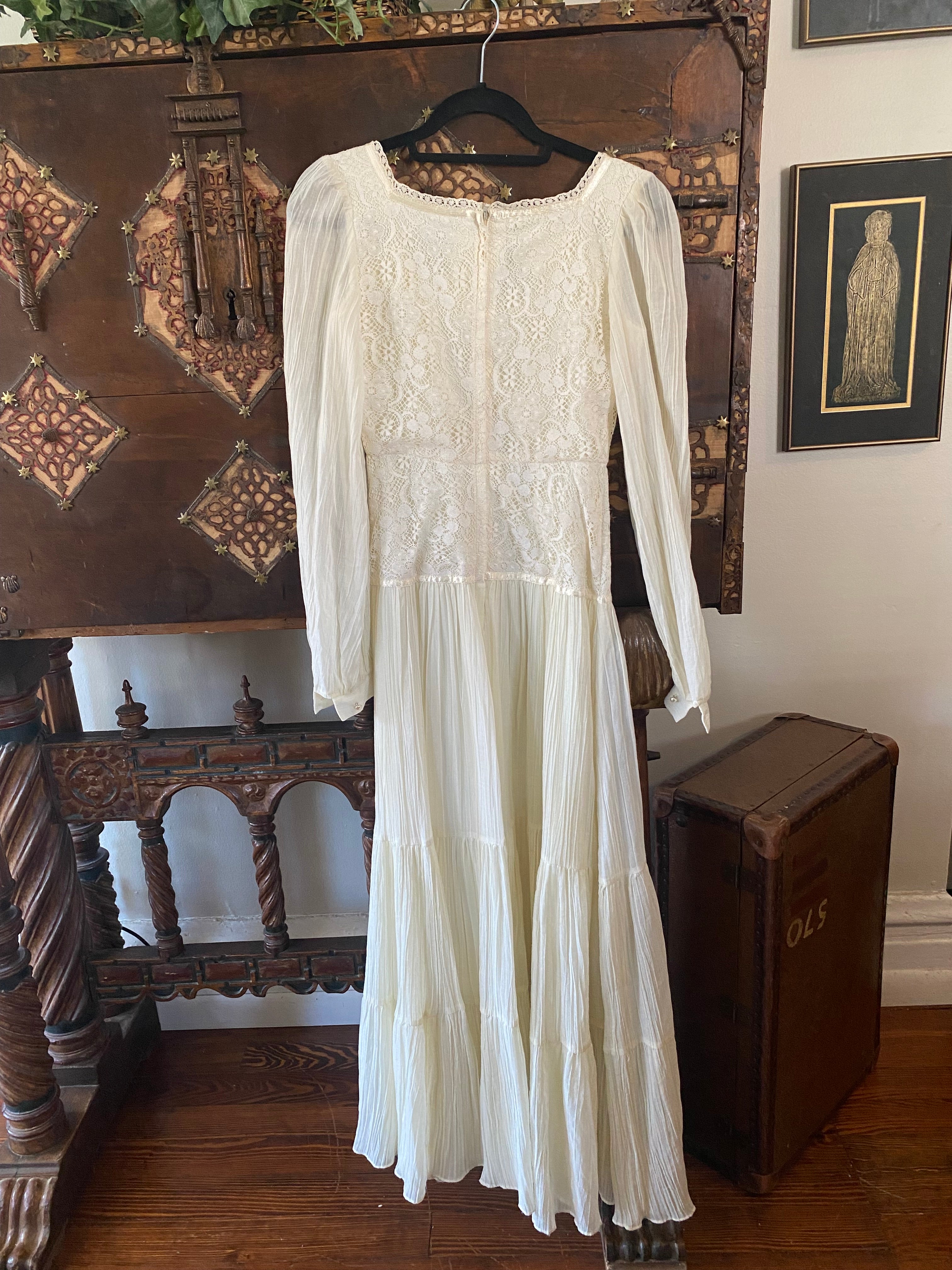 1970s Gunne Sax Creamy Lace Bishop Sleeve Maxi Dress