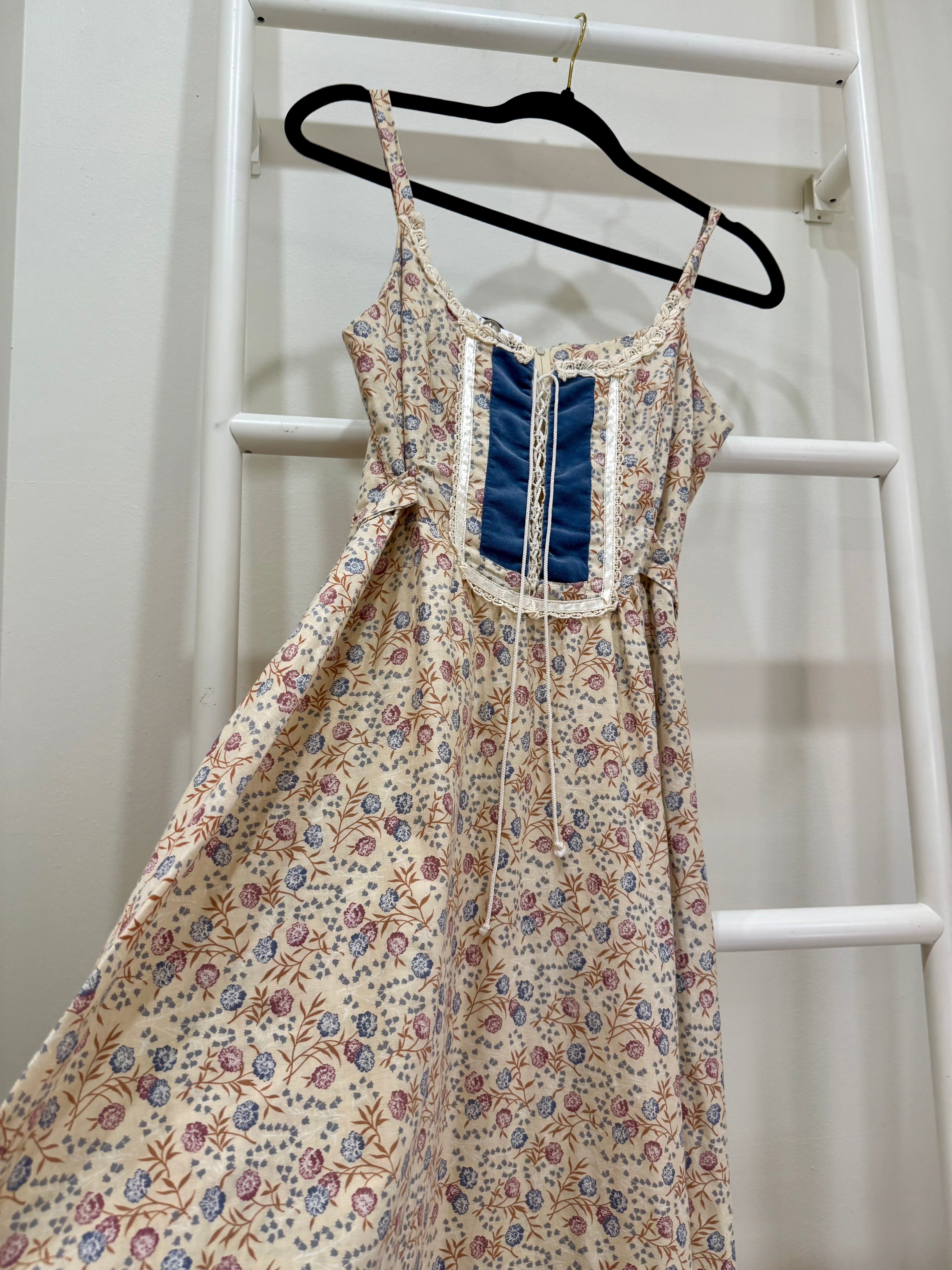 1970s Blue Floral & Velvet Maxi Sun Dress