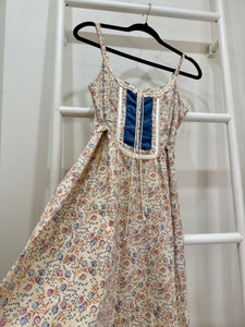 1970s Blue Floral & Velvet Maxi Sun Dress