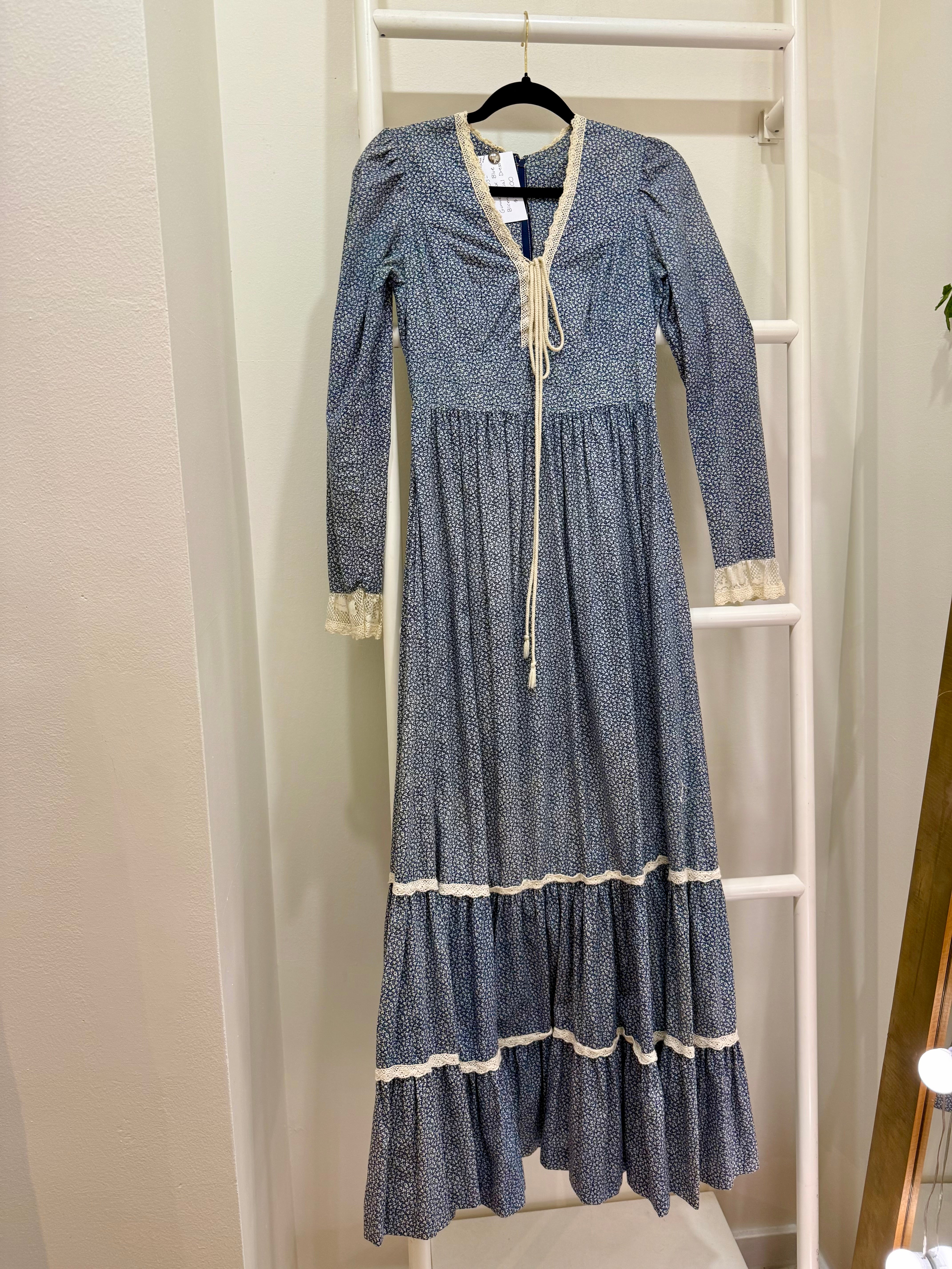 1970s Gunne Sax Blue Calico Bicentennial Maxi Dress