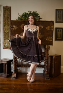 1970s Gunne Sax Black Calico Midi Sun Dress