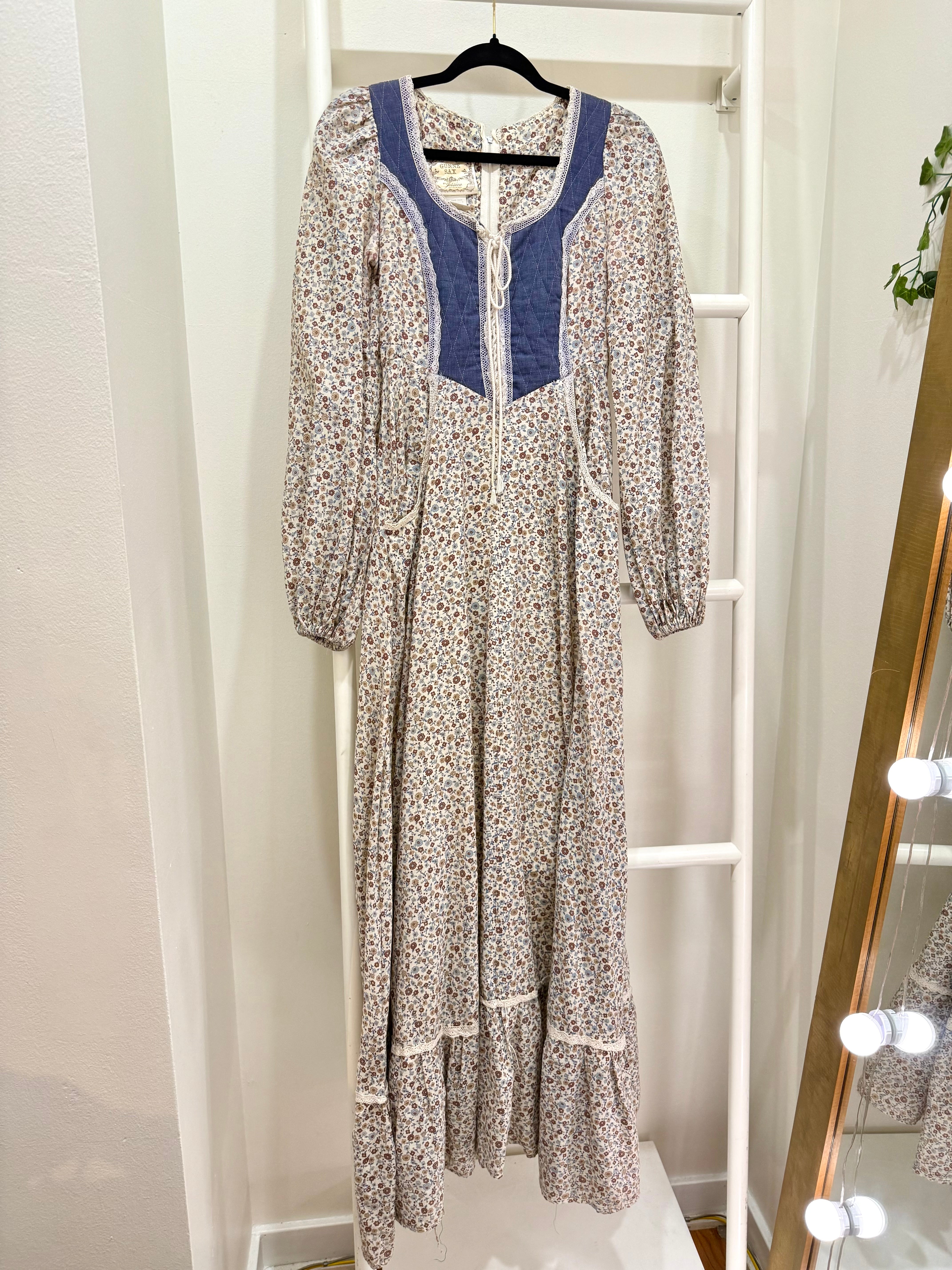 1970s Gunne Sax Blue Calico Balloon Sleeve Maxi Dress
