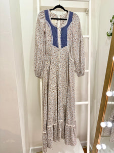 1970s Gunne Sax Blue Calico Balloon Sleeve Maxi Dress
