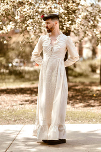 1970s Gunne Sax Cream Bicentennial Lace Apron Maxi Dress