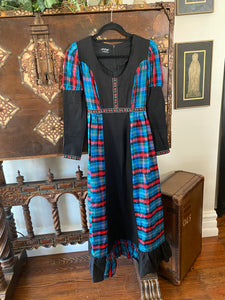 1960s Gunne Sax Black Label Blue Tartan Maxi Dress