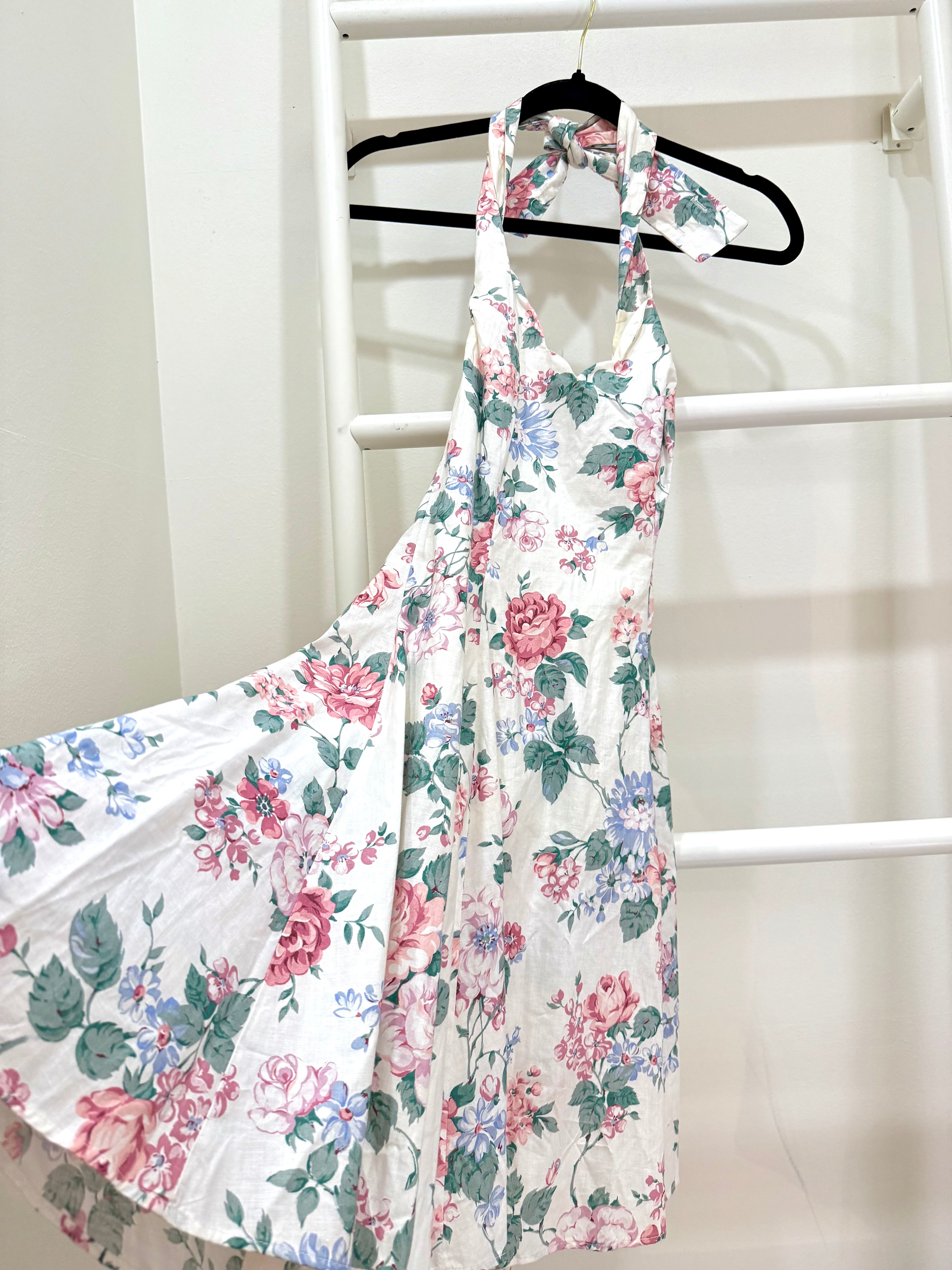1990s Gunne Sax Floral Halter Mini Sun Dress