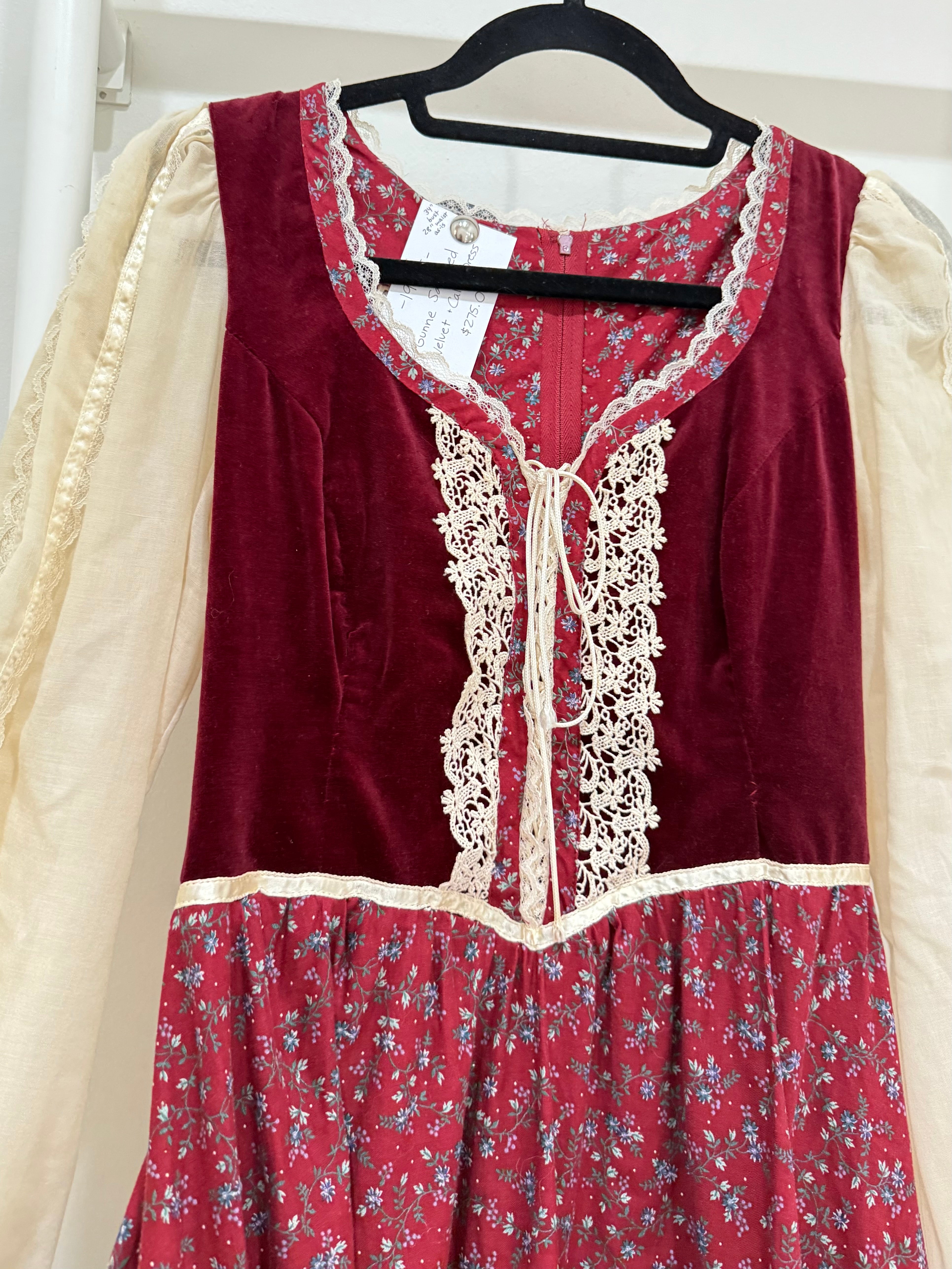 1970s Gunne Sax Crimson Velvet & Calico Midi Dress
