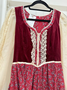 1970s Gunne Sax Crimson Velvet & Calico Midi Dress
