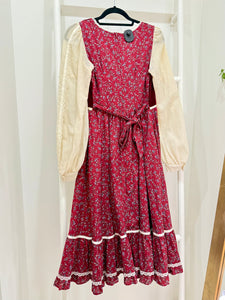 1970s Gunne Sax Crimson Velvet & Calico Midi Dress