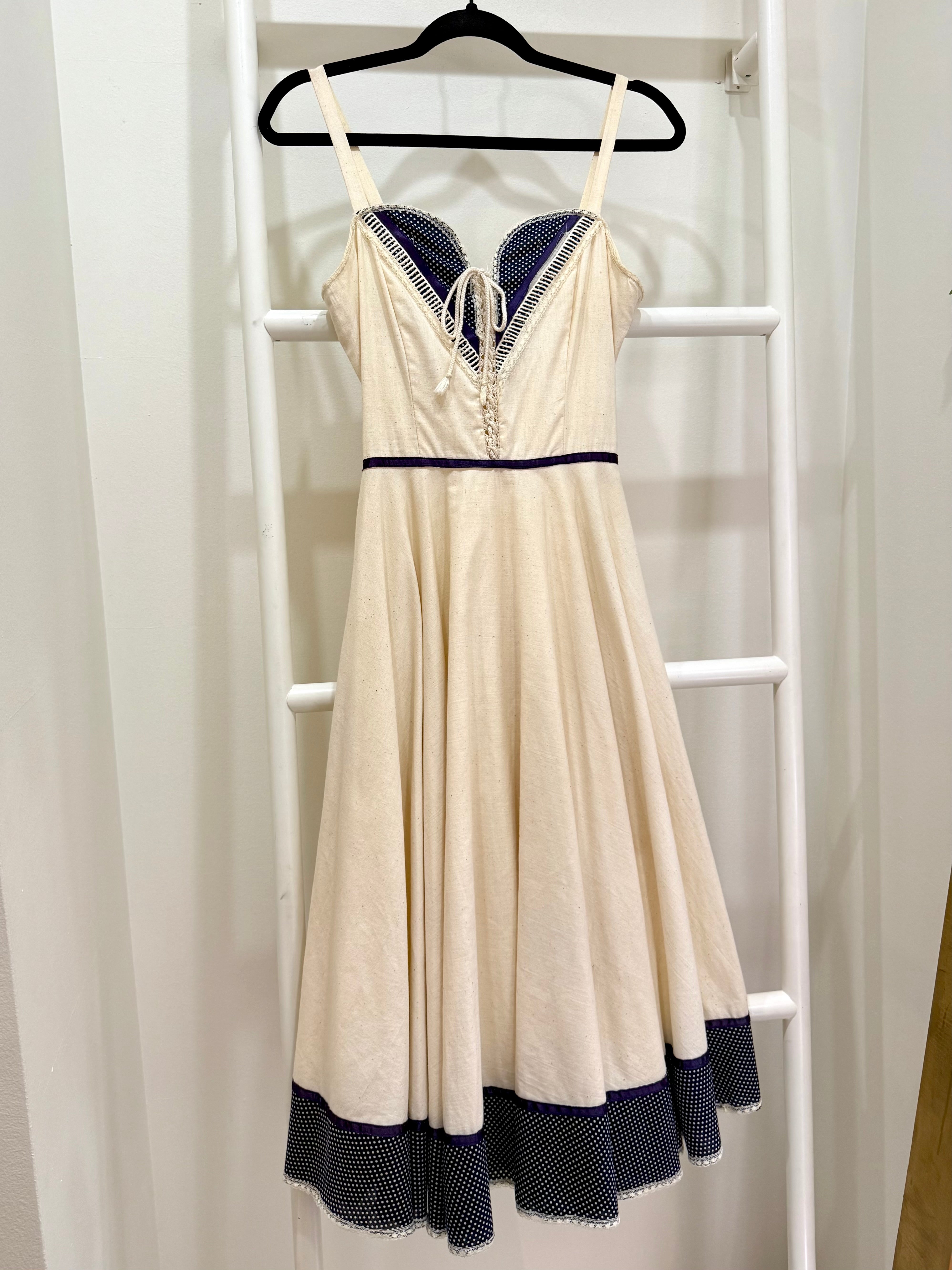 1970s Gunne Sax Canvas Blue Trim Midi Sun Dress