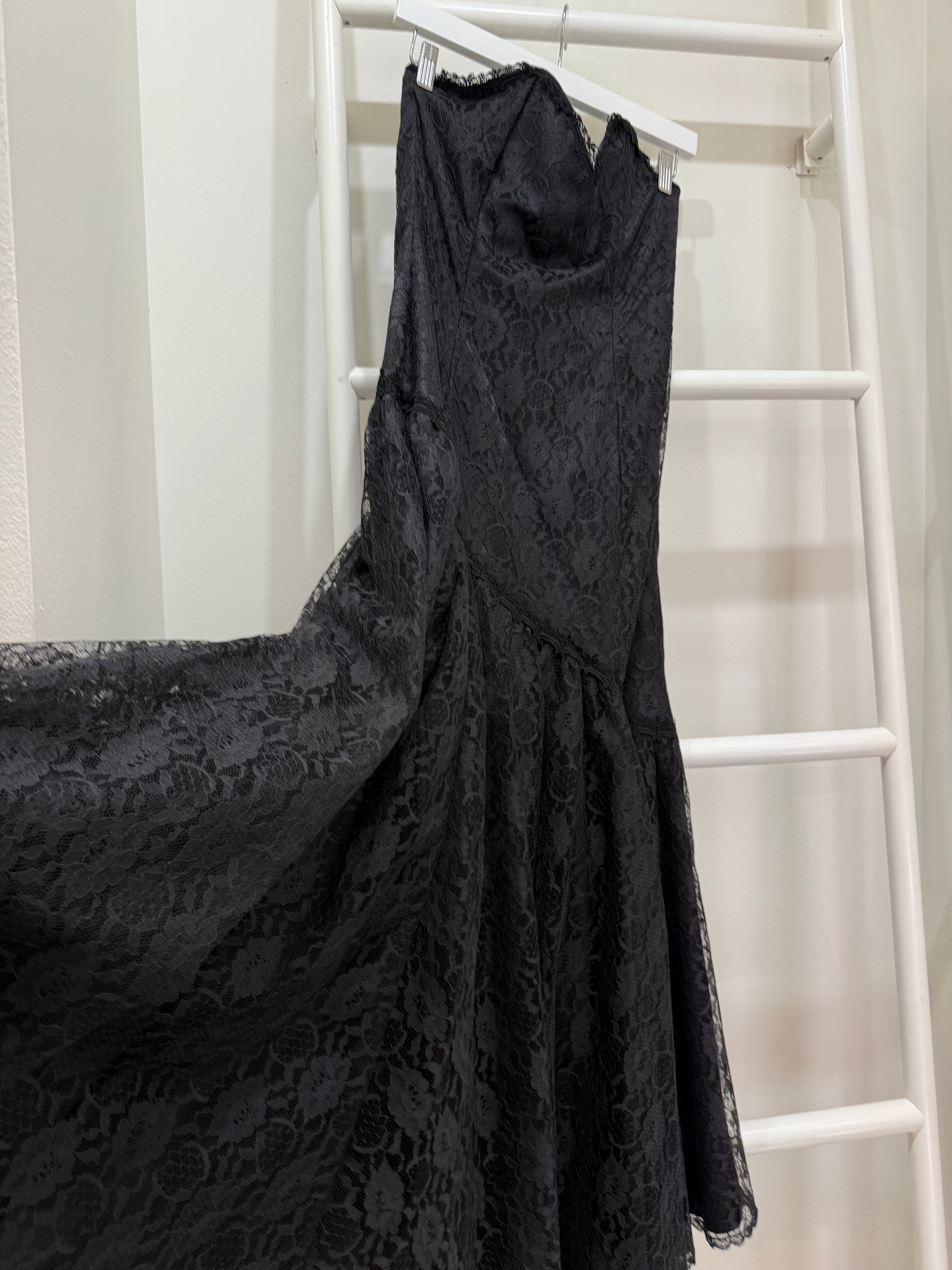 1980s Gunne Sax Black Lace Strapless Party Dress