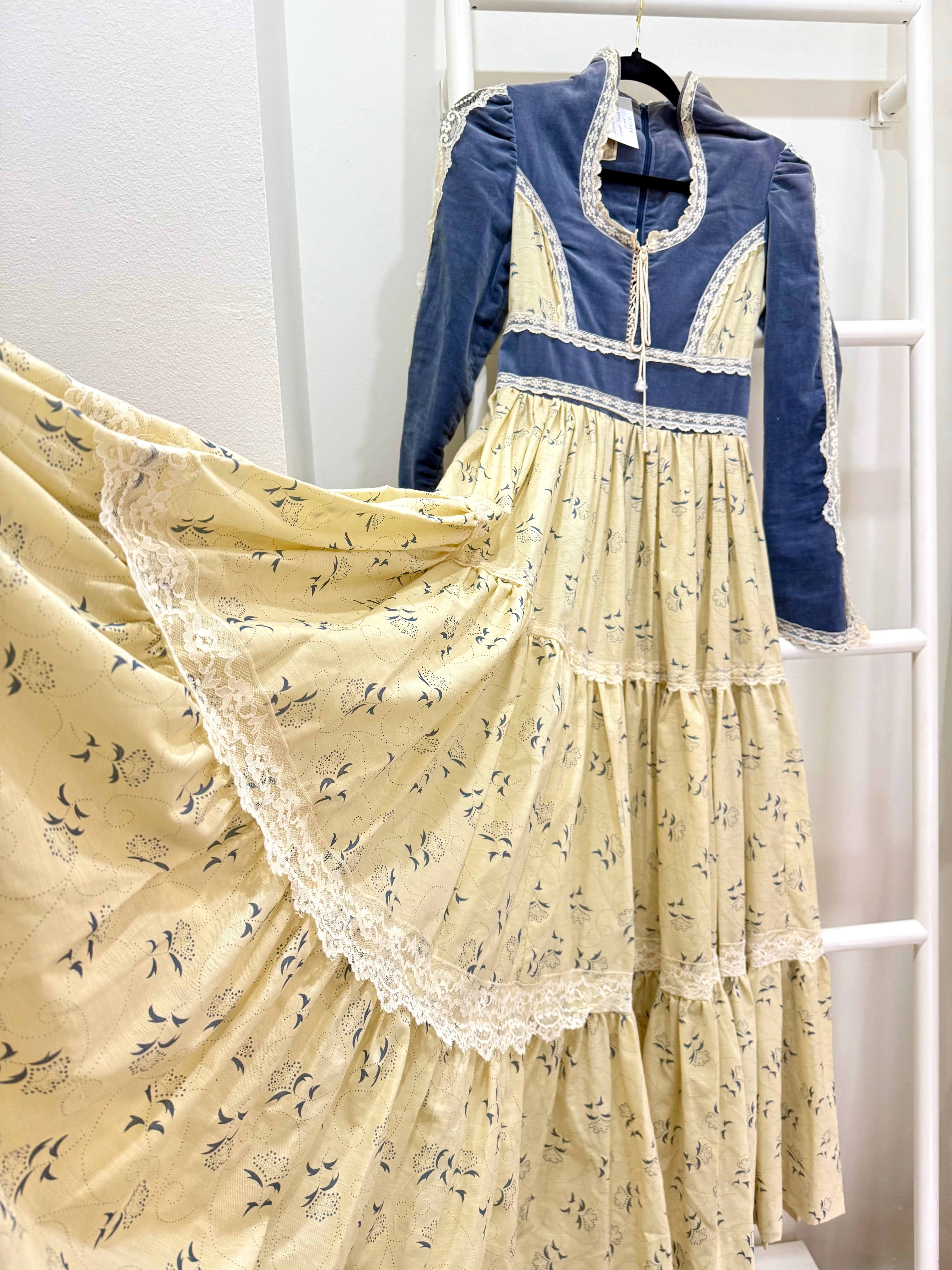 1970s Gunne Sax Blue Velvet & Floral Maxi Dress