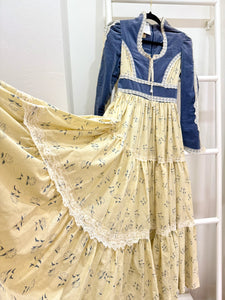 1970s Gunne Sax Blue Velvet & Floral Maxi Dress