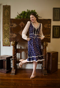 1970s Gunne Sax Navy Calico & Velvet Peplum Midi Dress