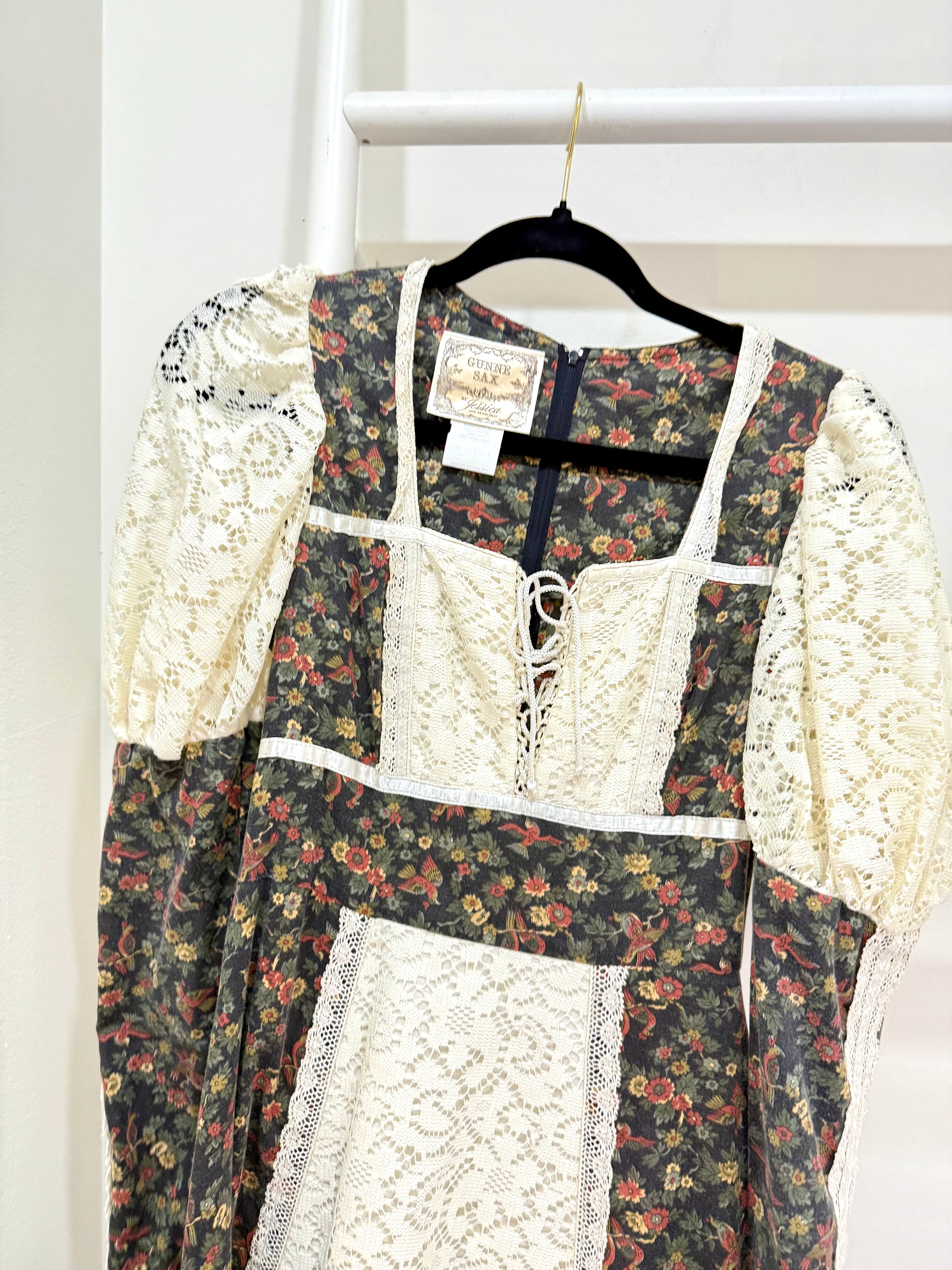 1970s Gunne Sax Bird Print Princess Maxi Dress