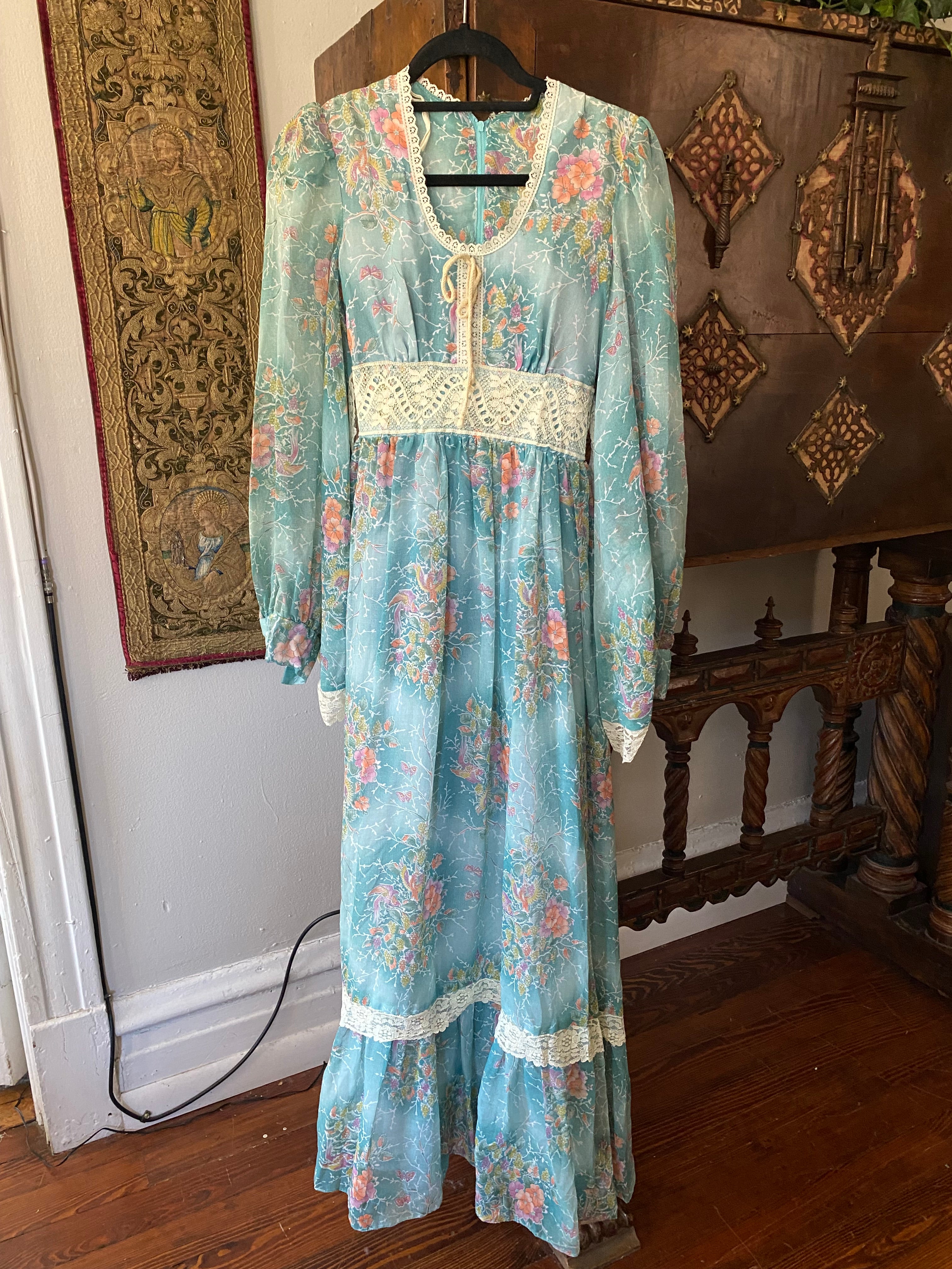 1970s Blue Bird & Butterfly Print Angel Sleeve Maxi Dress