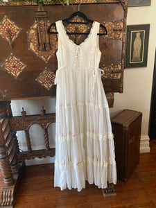 1970s Gunne Sax White & Pink Side Tie Sun Dress