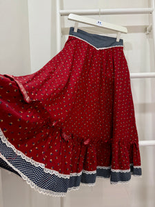 1970s Gunne Sax Red Calico Midi Skirt