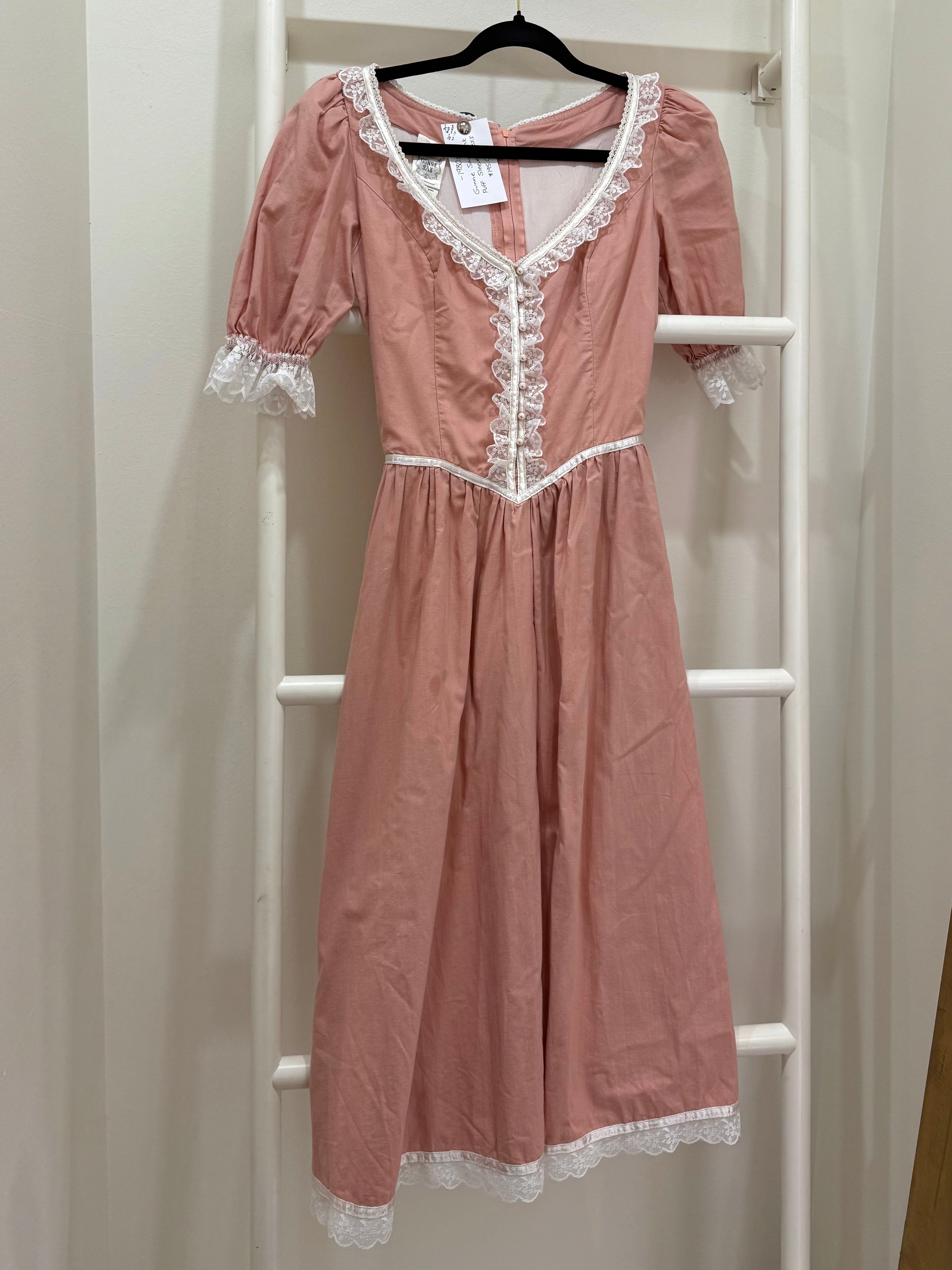 1980s Gunne Sax Pink Puff Sleeve Midi Dress
