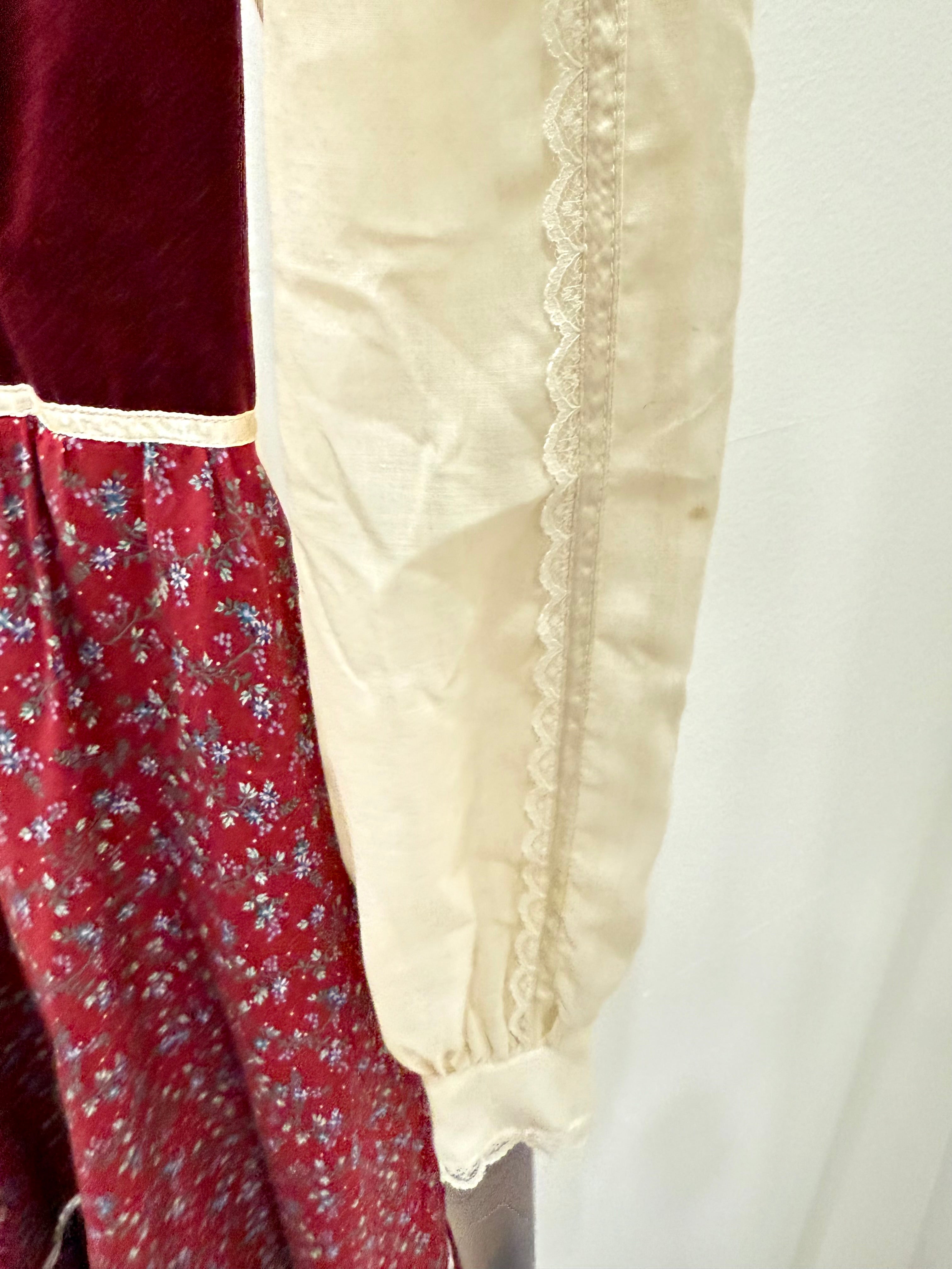 1970s Gunne Sax Crimson Velvet & Calico Midi Dress