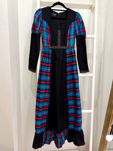 1960s Gunne Sax Black Label Blue Plaid Maxi Dress