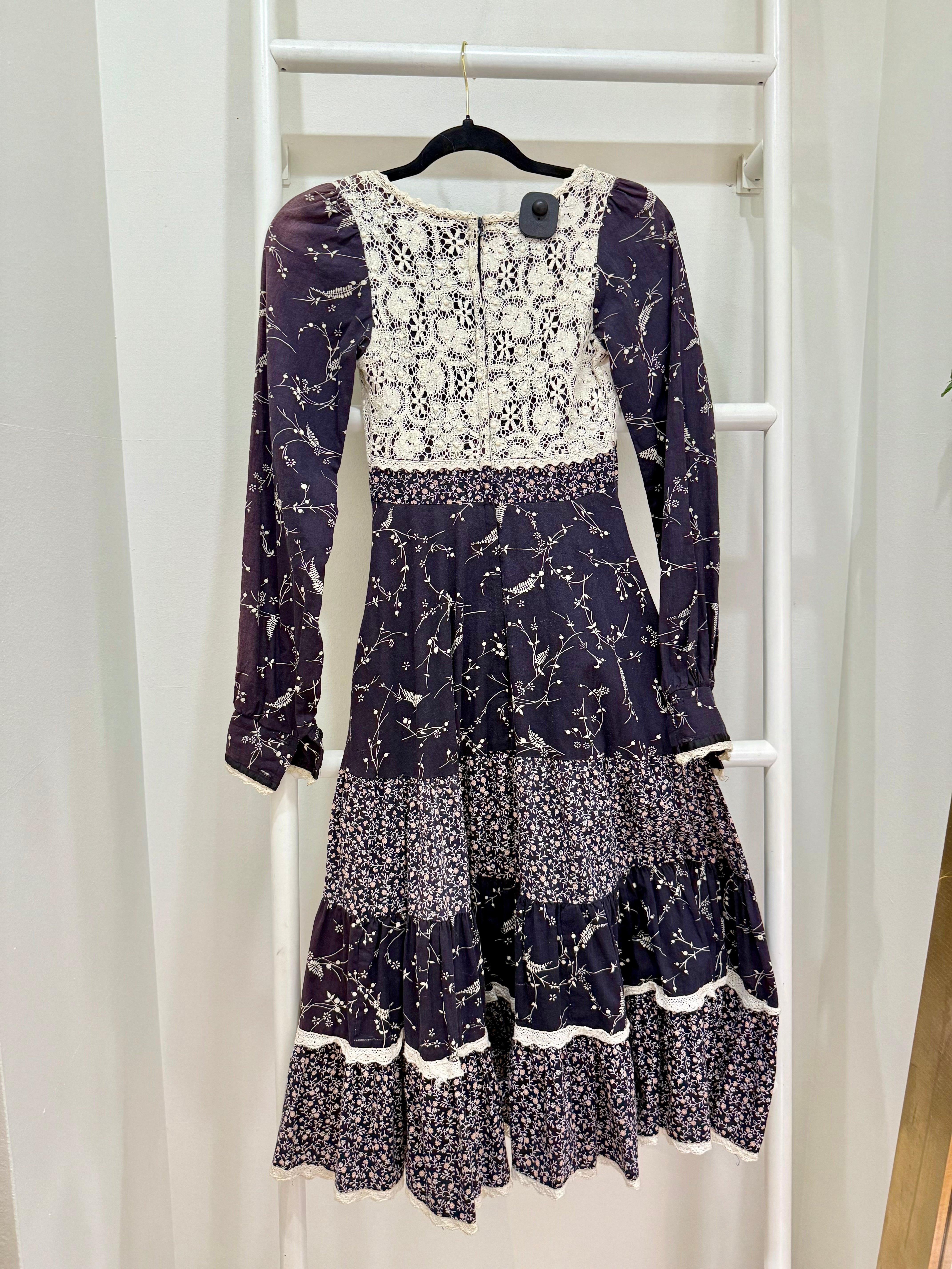 1970s Gunne Sax Black Mixed Floral & Crochet Midi Dress