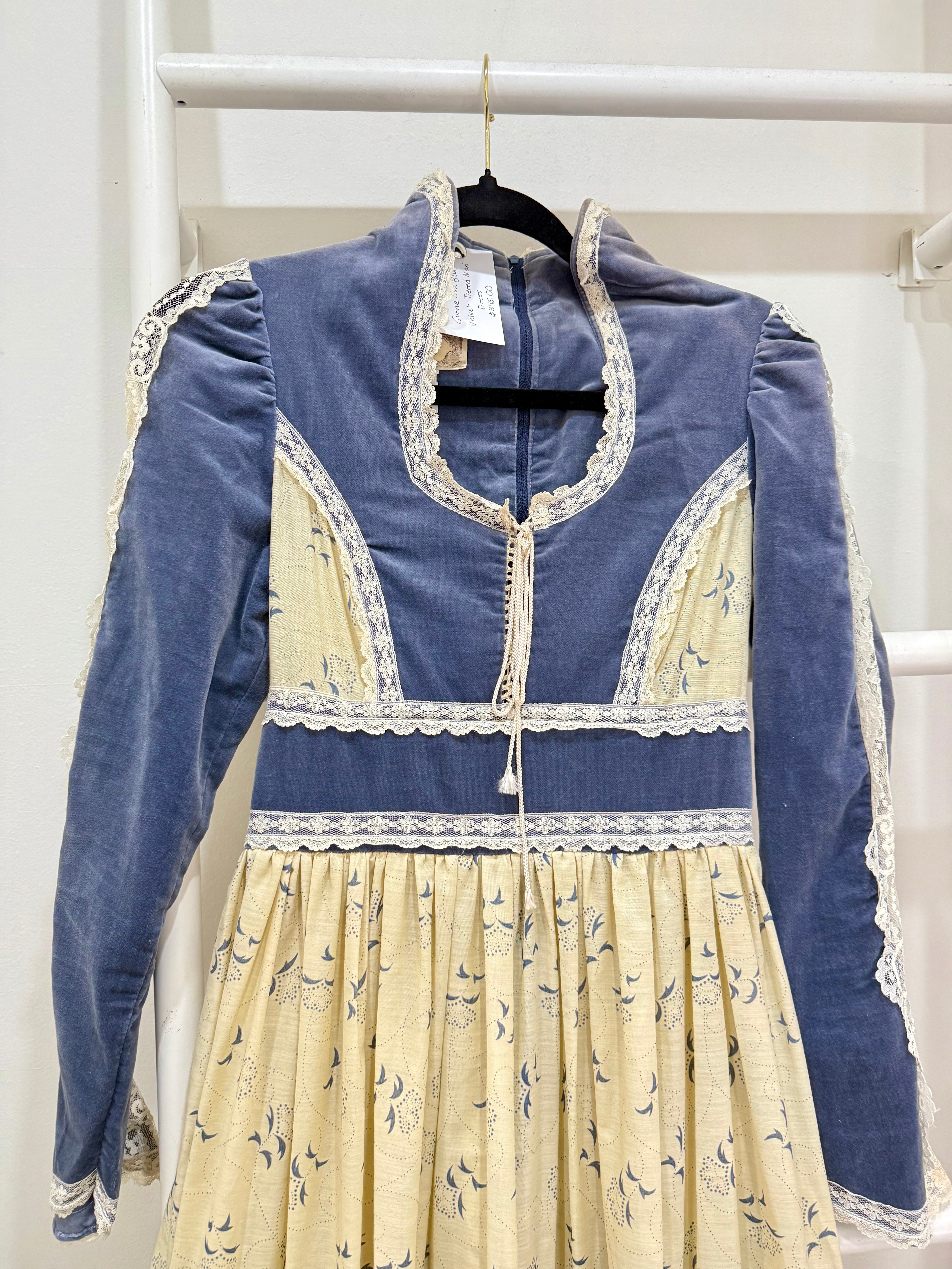 1970s Gunne Sax Blue Velvet & Floral Maxi Dress